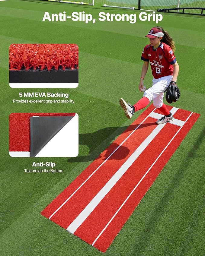VEVOR 10x3ft Softball/Baseball Pitching Mat with Rubber Mound - Anti-Fade Turf & Anti-Slip Foam Backing, Portable Fastpitch Training Aid for Indoor/Outdoor Practice (Red/Green)