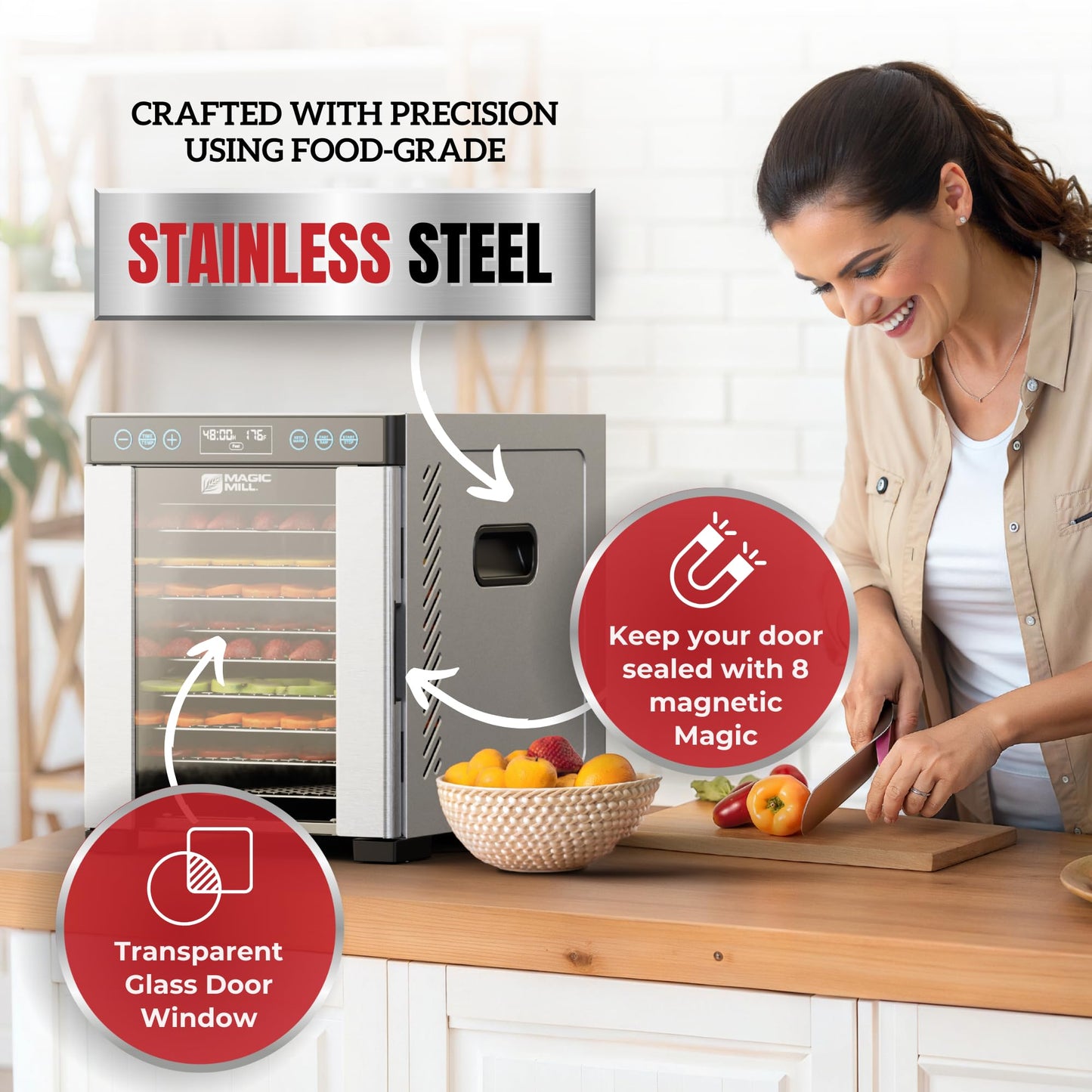 Magic Mill Pro Food Dehydrator Machine | 10 Stainless Steel Trays | Dryer for Jerky, Dog Treats, Herb, Meat, Beef, Fruit | Keep Warm Function, Digital Timer and Temperature Control, ETL Approved