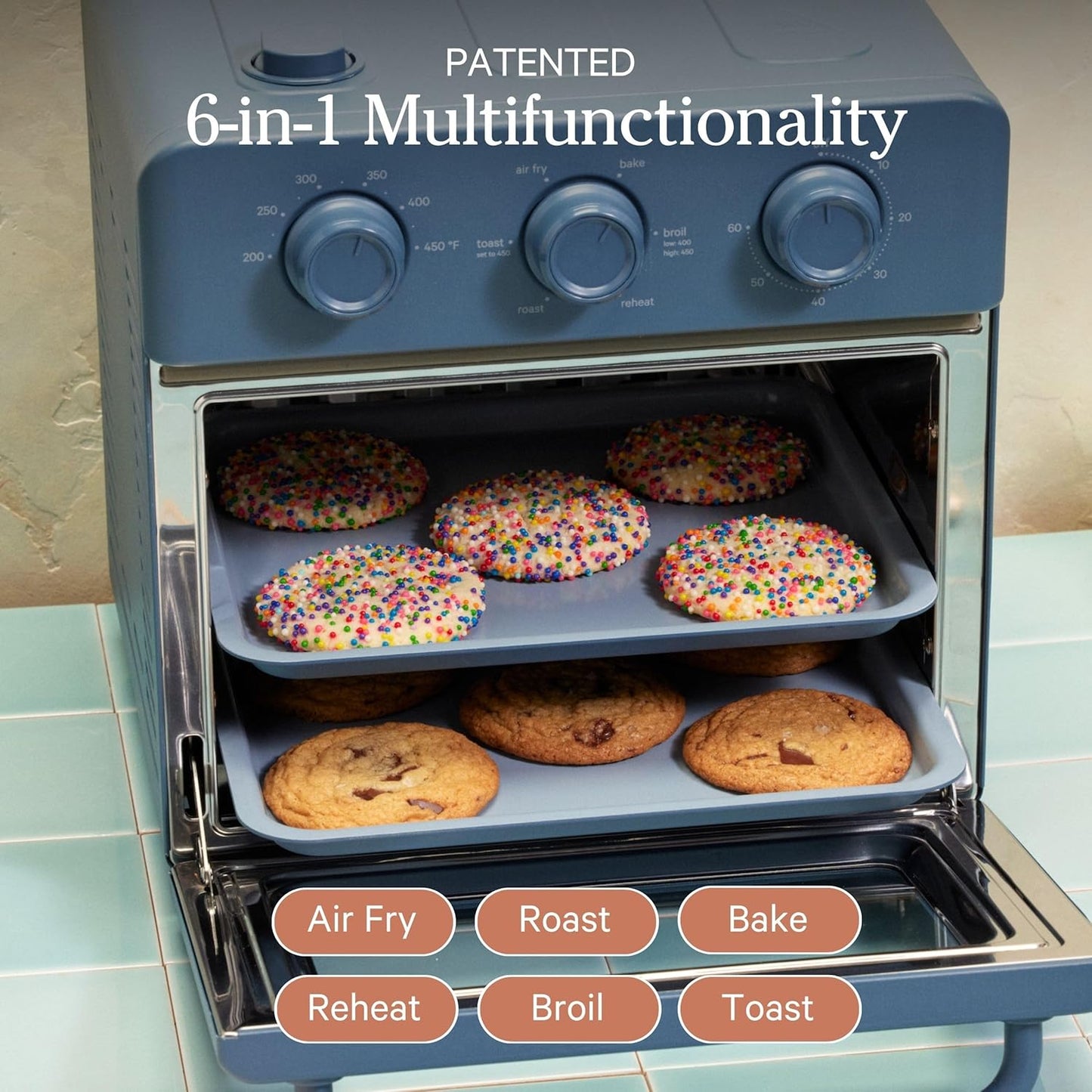 Our Place Wonder Oven - 6-in-1 Air Fryer & Toaster Oven with Steam Infusion | Nonstick Ceramic Bakeware Set (Round, Square & Muffin Pan) | Blue Salt
