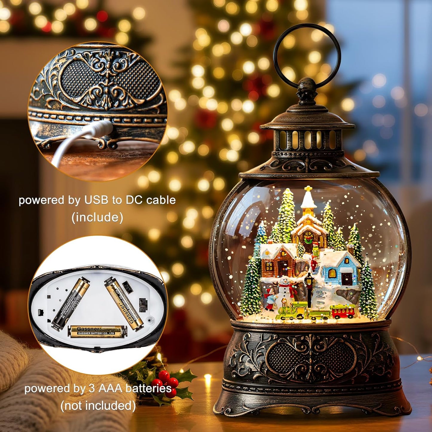 Regine Switzerland Christmas Snow Globe - Musical Snowy Train Lantern with 6-Hour Timer & USB/Battery Operated | Perfect Holiday Decoration Gift