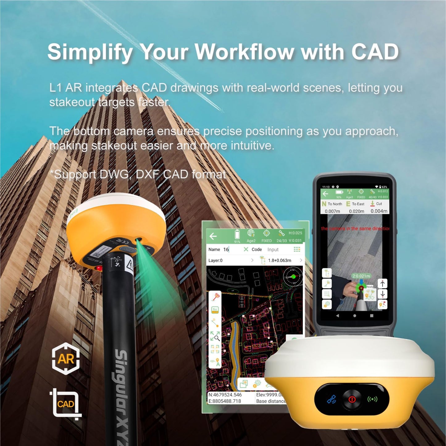 L1-AR GNSS RTK Rover – AR+ GNSS, GPS RTK Handheld Collector with Software & Visual Stakeout, Global Shutter with 2 MP, 2cm Accuracy, 15km UHF, 120° Tilt Survey | Professional Support