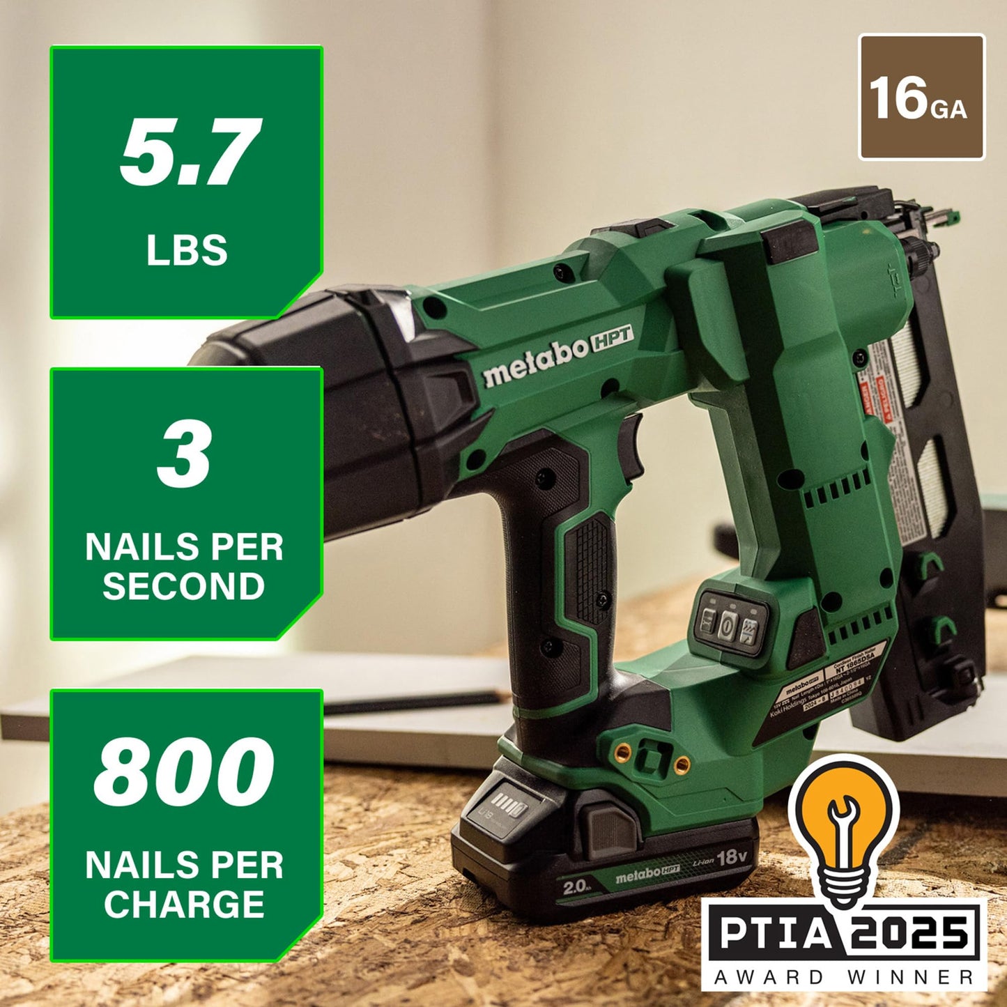 Metabo HPT 18V MultiVolt Brushless Pro 16-GA Straight Finish Nailer Kit, 16 Gauge Finish Nailer, Power Tool with 2.0Ah Lithium Ion Battery, 1" to 2-1/2" Nails, Powerful Brushless Motor, NT1865DSA