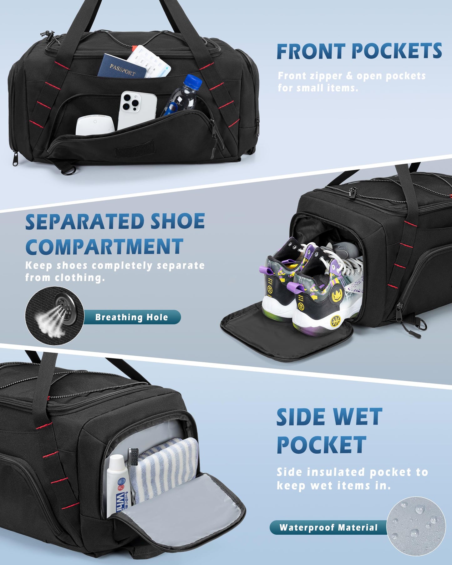 Smasrob 26L Gym Duffle Bag with Backpack Straps, Shoe Compartment and Wet Pocket, Small Duffle Bag for Travel and Sports, Black