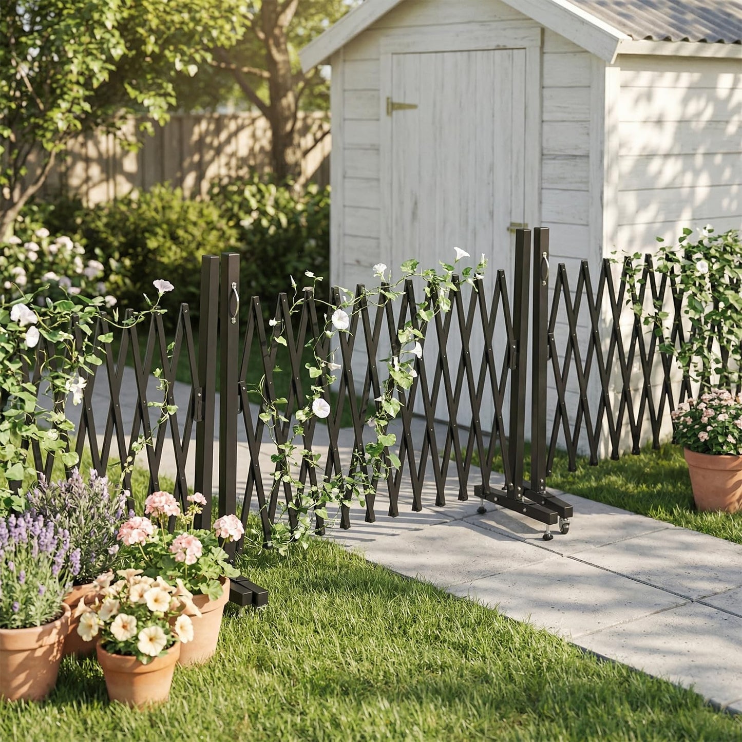 VINGLI 11.5ft Expandable Garden Fence with Casters, Aluminum Retractable Barricade Gate, Adjustable Safety Gate, Pet Barrier for Patio, Garage, Driveway, Crowd Control (Black)