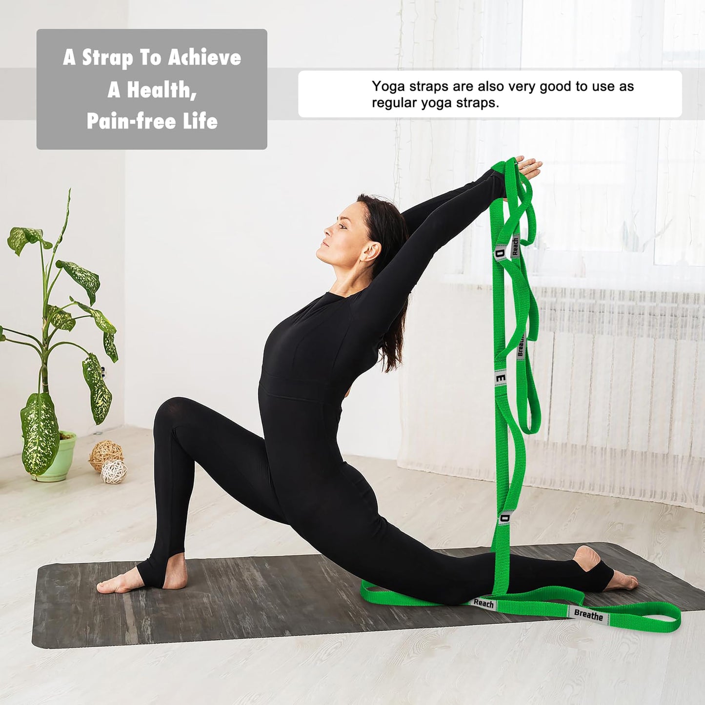 LXLOVESM Stretching Strap Yoga Strap with 10 Loops, Non-Elastic Stretch Band for Physical Therapy, Flexibility, Exercise, Pilates, Dance & Gymnastics Workout (Green)