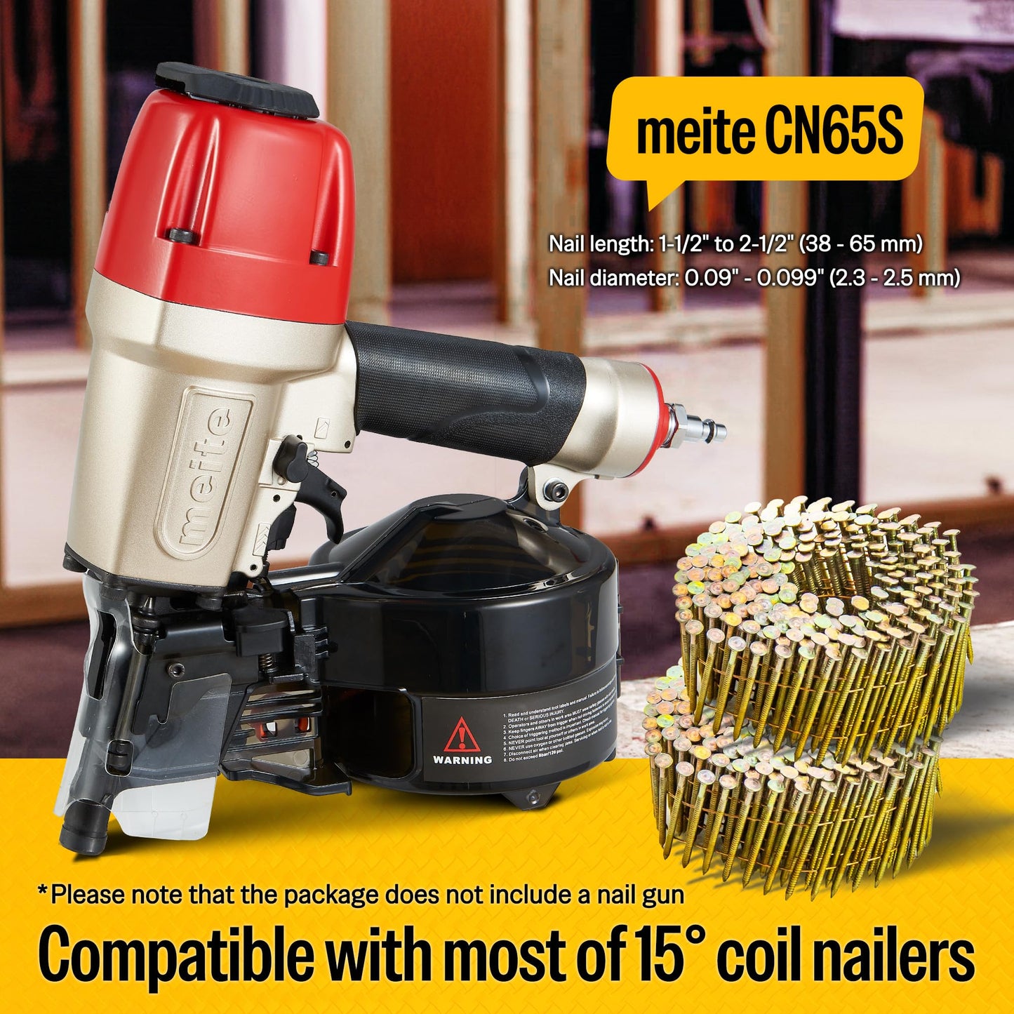 meite CN65S Coil Siding Nailer with 15 Degree Siding Nails 2" × .099'' - Pneumatic Nail Gun with 360° Exhaust & Safety Lock for Roofing Fencing Decking