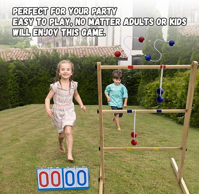 Ladder Ball Set with 2 Ladders 6 Bolas and Scoreboard Lawn Game Ladder Toss Outdoor Ladder Toss Game Set Wood Ladder Ball Set