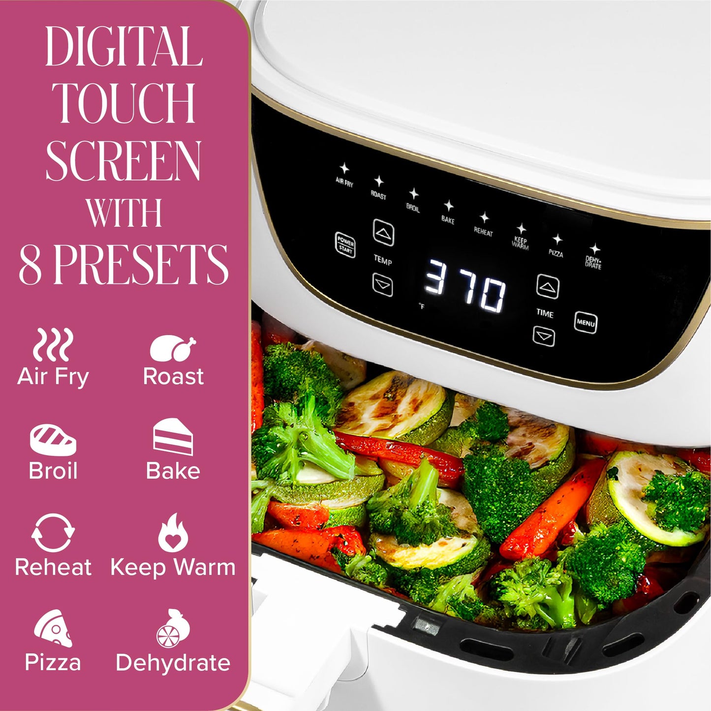 Paris Hilton Air Fryer, Large 6-Quart Capacity, Nonstick Made without PFAS, Touchscreen Display, 8-in-1 (Air Fry, Roast, Broil, Bake, Reheat, Keep Warm, Pizza, Dehydrate), Dishwasher Safe, White