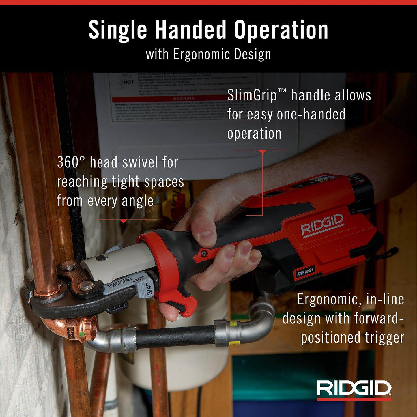RIDGID 78248 RP 251 Compact Press Tool Battery Kit with RLS Jaws (1/4" to 7/8"), In-Line Pressing Tool for Copper, Stainless Steel, PEX, and Carbon Steel