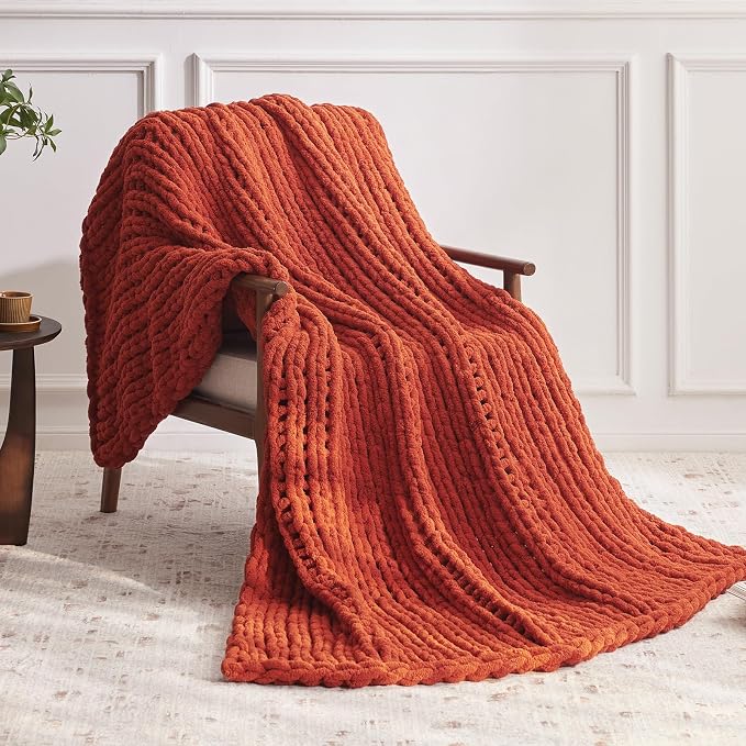 Negwoo Chunky Knit Throw Blanket, 30''*40'' Fall Throw Blanket Knitted Chenille Yarn for Bed Couch, Handmade Orange Crochet Big Thick Blanket, Machine Washable Cute Comfy Blankets for Home Decor