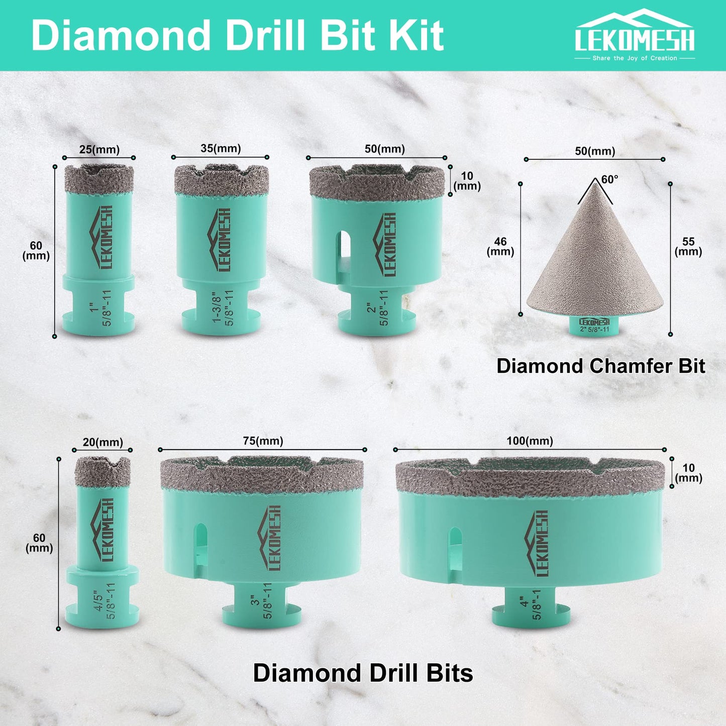 LEKOMESH Diamond Core Drill Bits Set 7pcs Tile Hole Saw Kit for Porcelain Tile Ceramic Marble Brick Concrete with 5/8"-11 Thread and LEKOMESH Diamond Grinding Cup Wheel