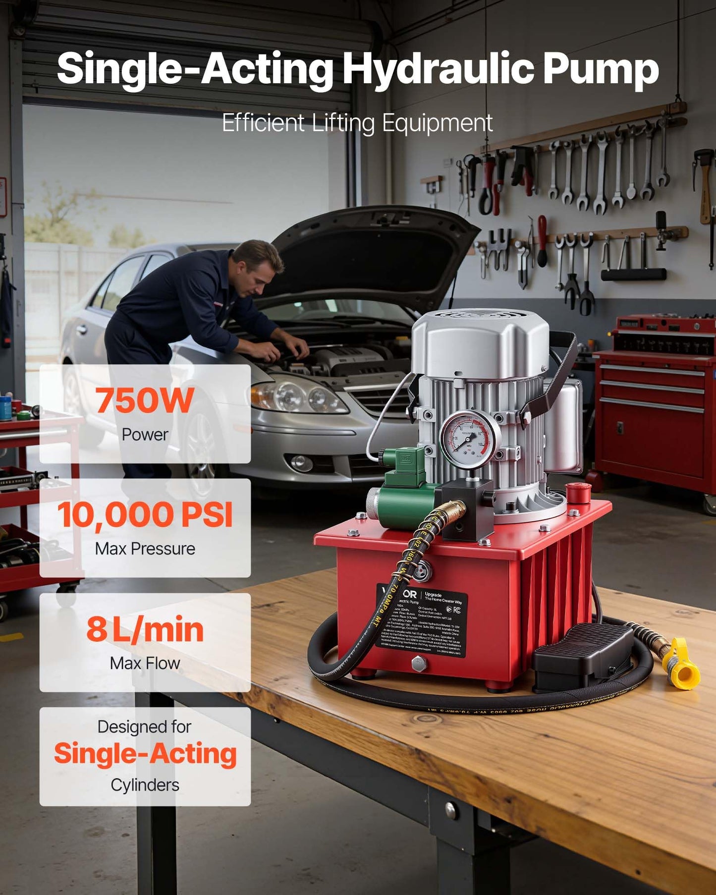 VEVOR Electric Driven Hydraulic Pump, 750W 10,000 PSI, 120V Single Acting Hydraulic Pump Power Pack Unit, Solenoid Valve with Pedal Switch, 2.1 Gal / 8L, for Punching, Bending, Single Acting Cylinders