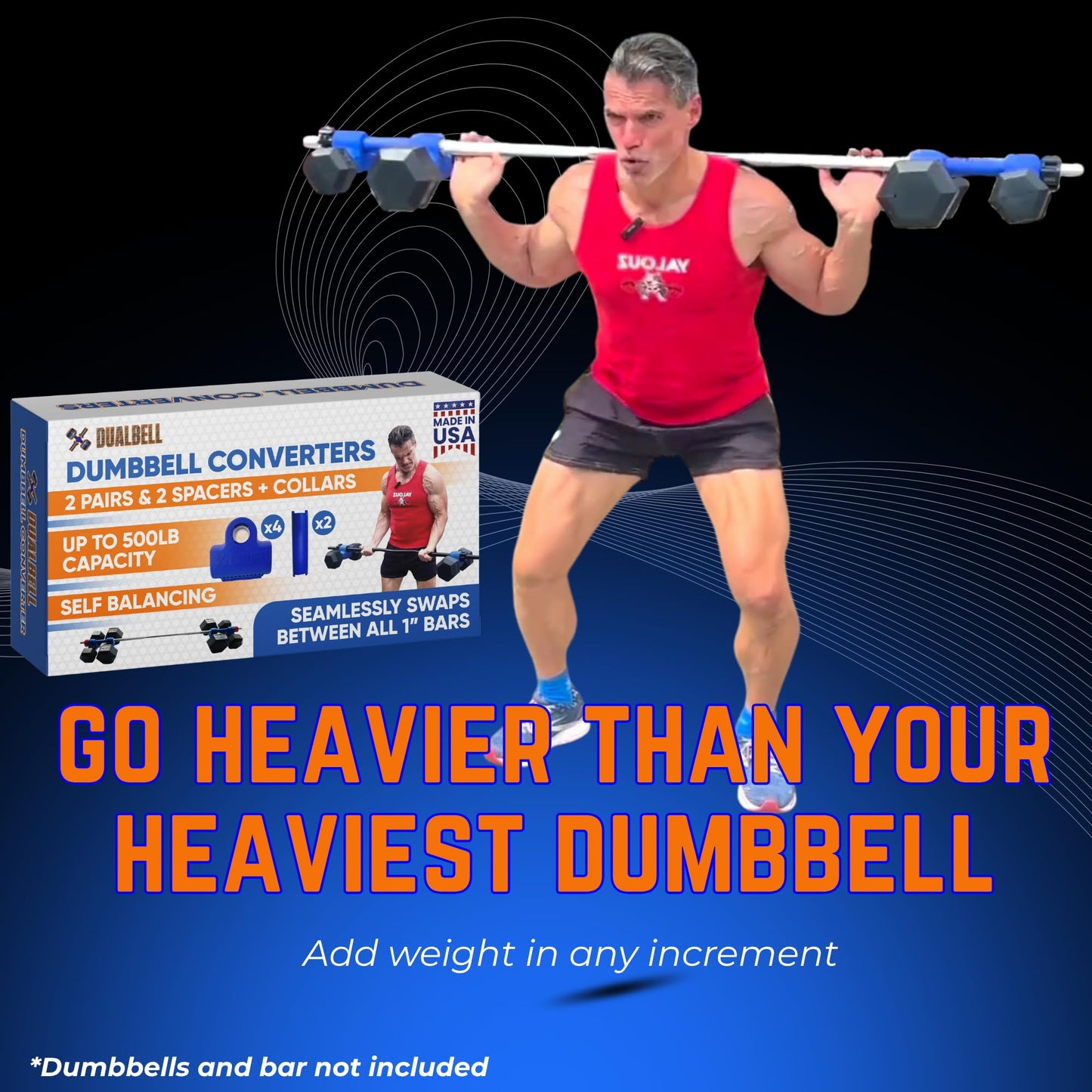 Blue DUALBELL Superset for 1” bar and blue weight collars- Home gym dumbbell to barbell adapters - Connect Dumbbells to 1” standard diameter bar to replace weight plates, 500lb max capacity