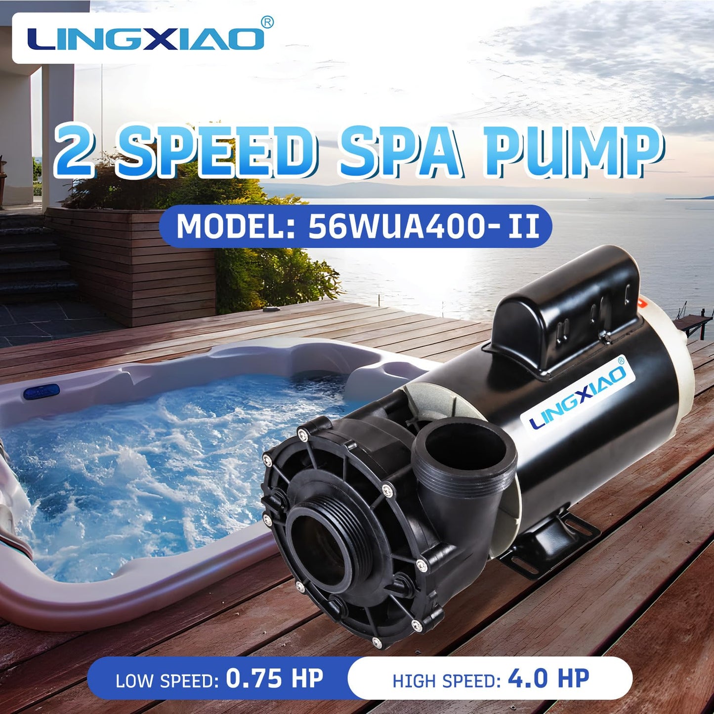 LINGXIAO SPA Pump, 4HP Hot Tub Pump - 2 Speed LX SPA Pumps Motor 220-240V, 2" Port, 56 Frame (Model: 56WUA400-II)