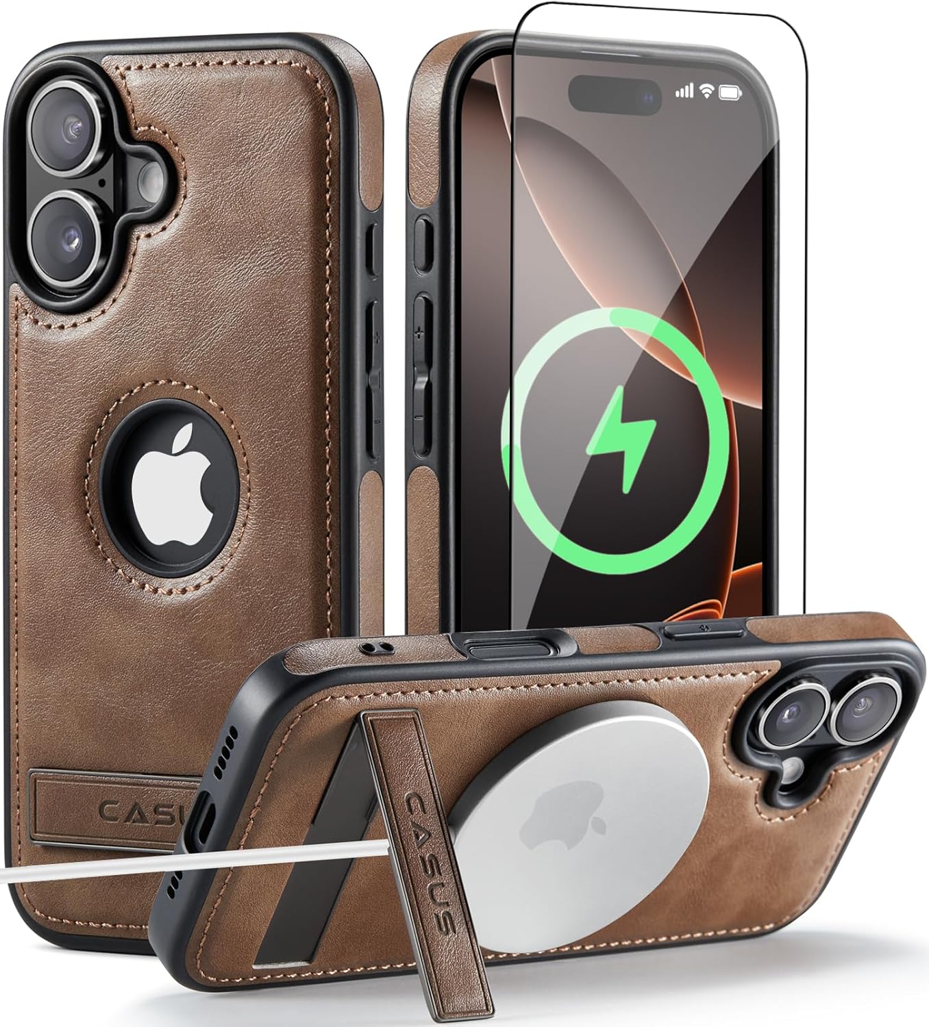 C Casus 17 6.3 Inch (2025), Casus for iPhone Case with MagSafe, Slim Kickstand Vegan Leather Protective Cover