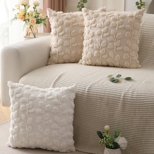 DFXSZ Spring Pillow Covers 18x18 inch Set of 2 Farmhouse Decor Cream White Eucalyptus Leaves Soft Plush Faux Fur Jacquard Spring Summer Throw Pillows for Bedroom Sofa Home Decor PTK023A18