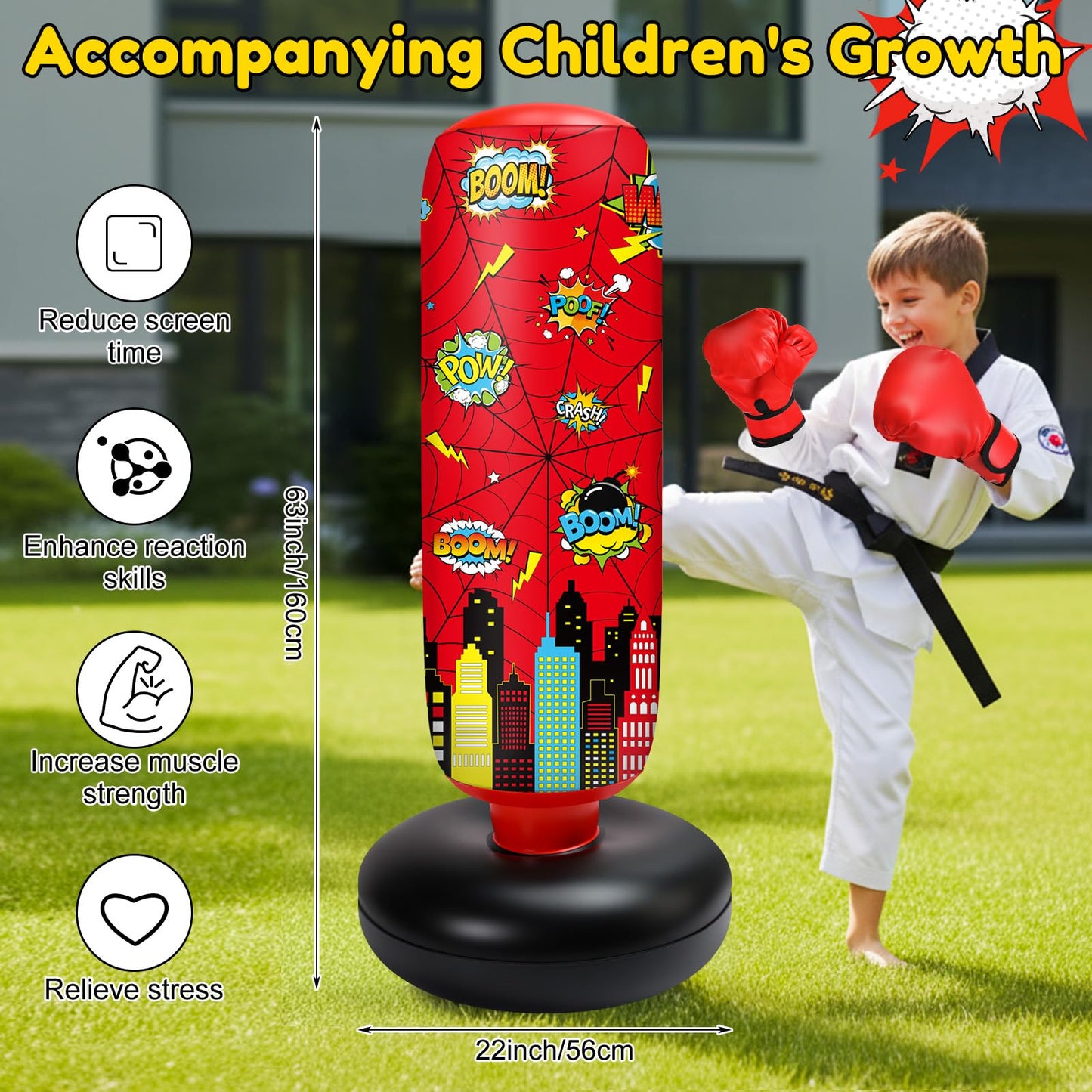 Jenaai 3 in 1 Inflatable Punching Bag for Kids 40" Boxing Kit with Gloves Air Pump Freestanding Punching Bag for Daily Exercise Karate Taekwondo, Birthday Easter Gift for Kids(Spiderweb)