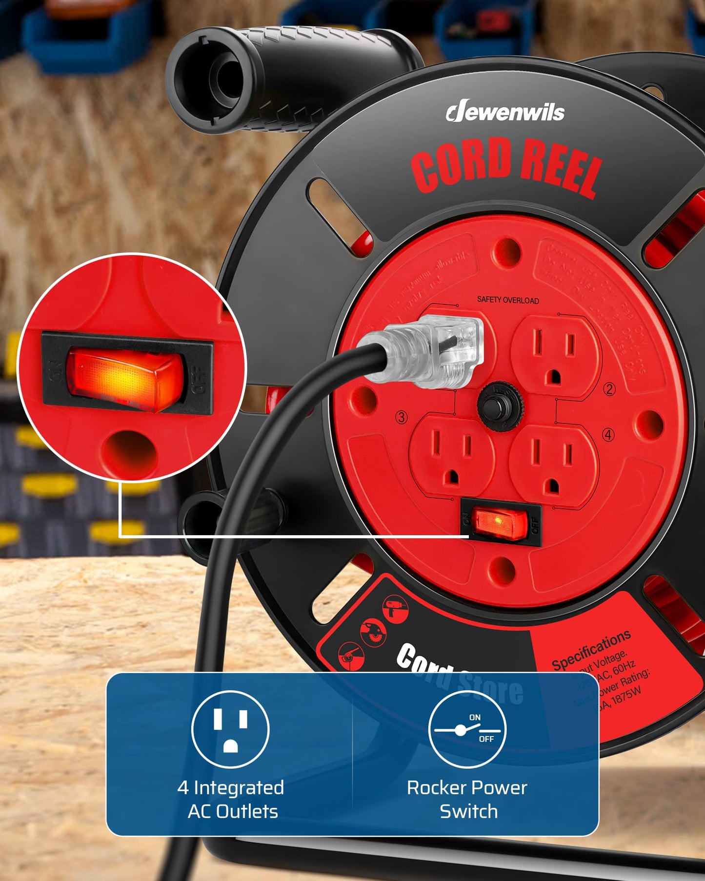 DEWENWILS Extension Cord Storage Reel with 4-Grounded Outlets, Heavy Duty Open Cord Reel for 12/3,14/3,16/3 Gauge Power Cord, Hand Wind Retractable, 15A Circuit Breaker, Rocker Power Switch