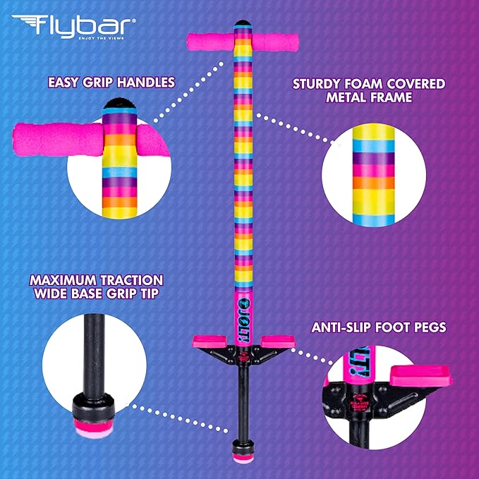 Flybar Pogo Stick for Kids, 40 to 80 Pounds, Perfect for Beginners, Easy Grip Foam Handles, Anti-Slip Foot Pegs, Outdoor Toys for Boys, Jumper Toys for Girls, Outside Toys for Kids (Jolt, Rainbow)