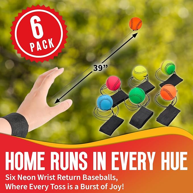 Wrist Baseballs Neon Reactive - 6 Pack - Practice Sports Balls for Fun Outdoor Activity for Kids - Spring Training, Party Favor, Baseball Season Gift, Sports Team Party Bag Filler