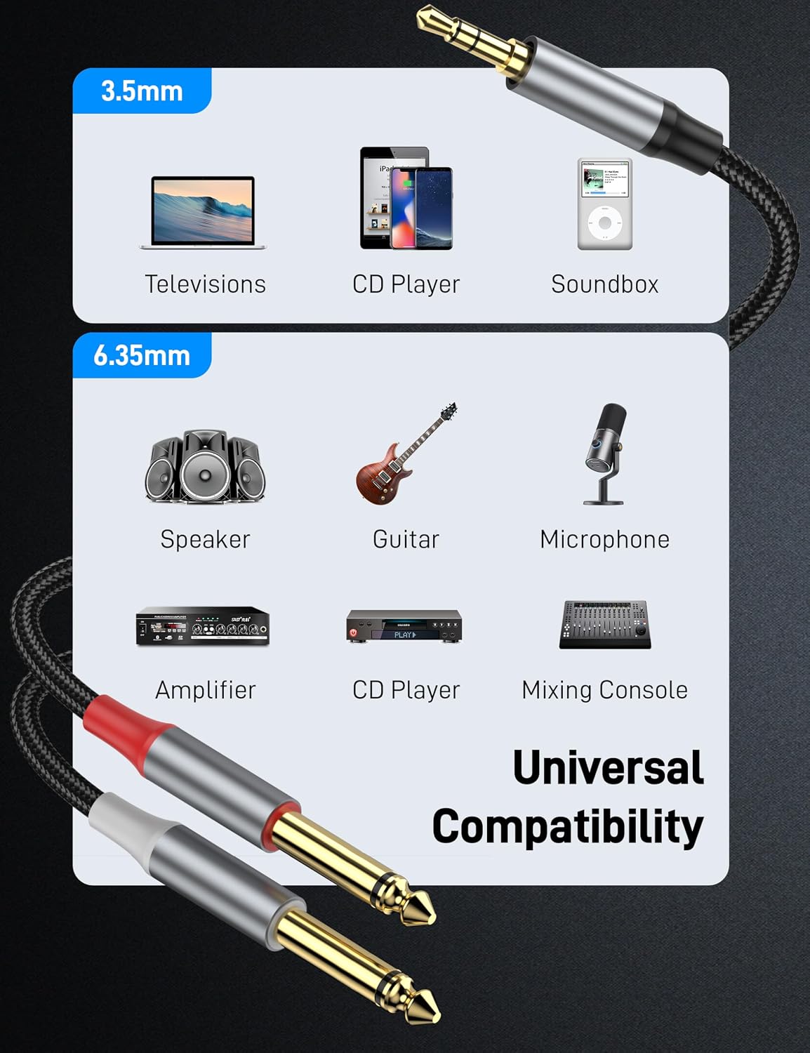 3.5mm 1/8" 6.35mm 1/4" 6.6FT, TRS to Double TS Mono Y Cable Splitter Cable, Gold Plated for Phone iPod Laptop