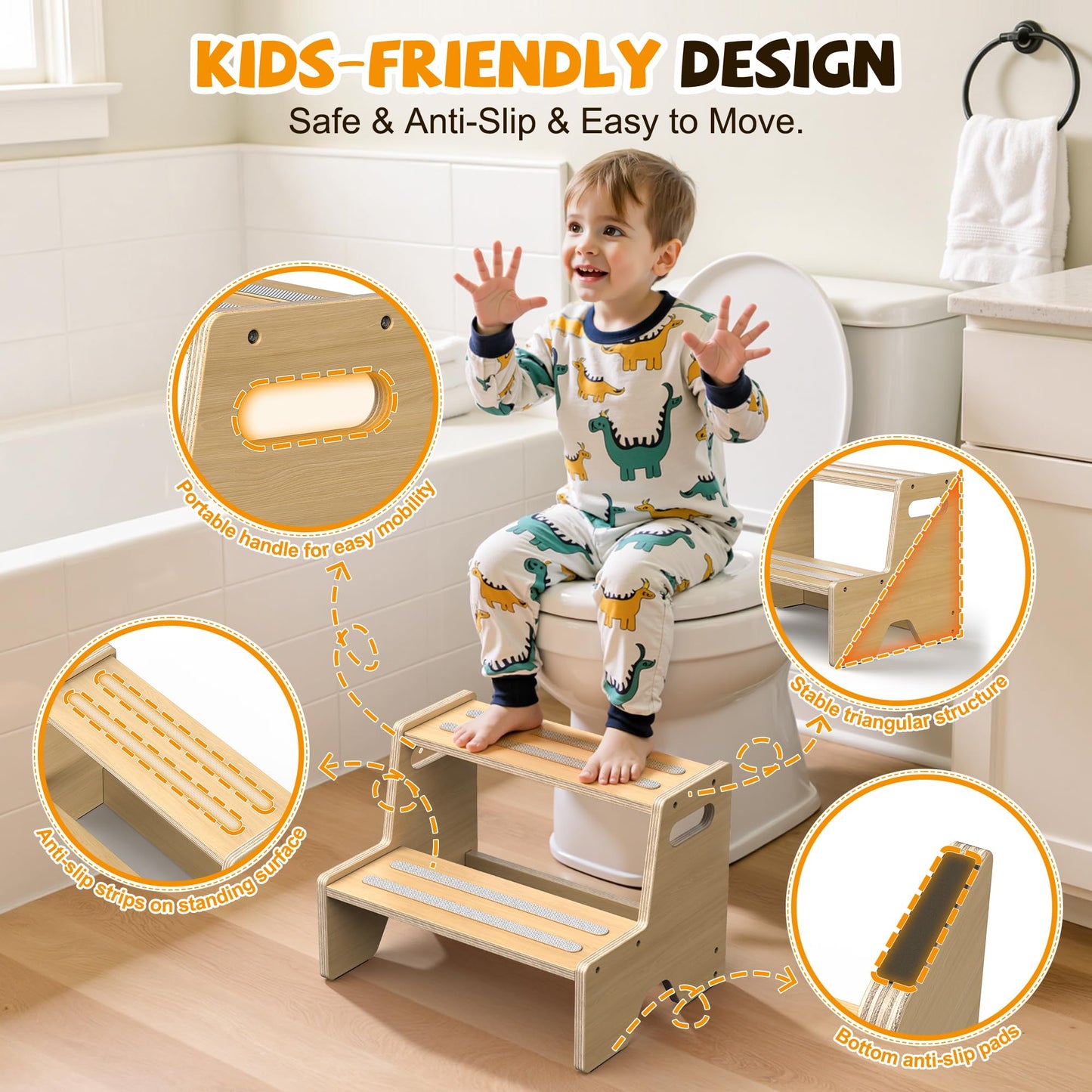 Uiirvdy Step Stool for Toddler, Sturdy Wooden 2-Step Stool with Anti-Slip Surface and Pads for Barthroom, Kitchen, Bedroom, Toilet, and Potty Training - 2 Pack
