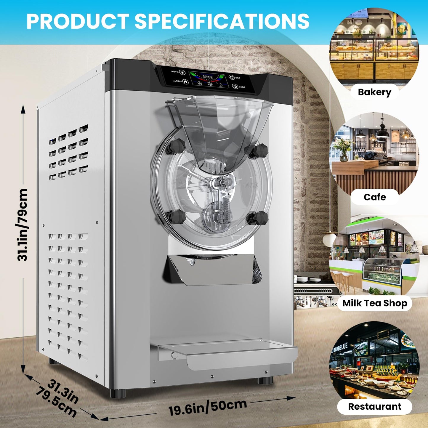 Patikuin 2000W Commercial Ice Cream Maker - Single Flavor Countertop Gelato Machine with LCD Touchscreen - 4.8-6.3 Gal/Hr Output - Automatic Cleaning - High Productivity for Snack Bars & Restaurants
