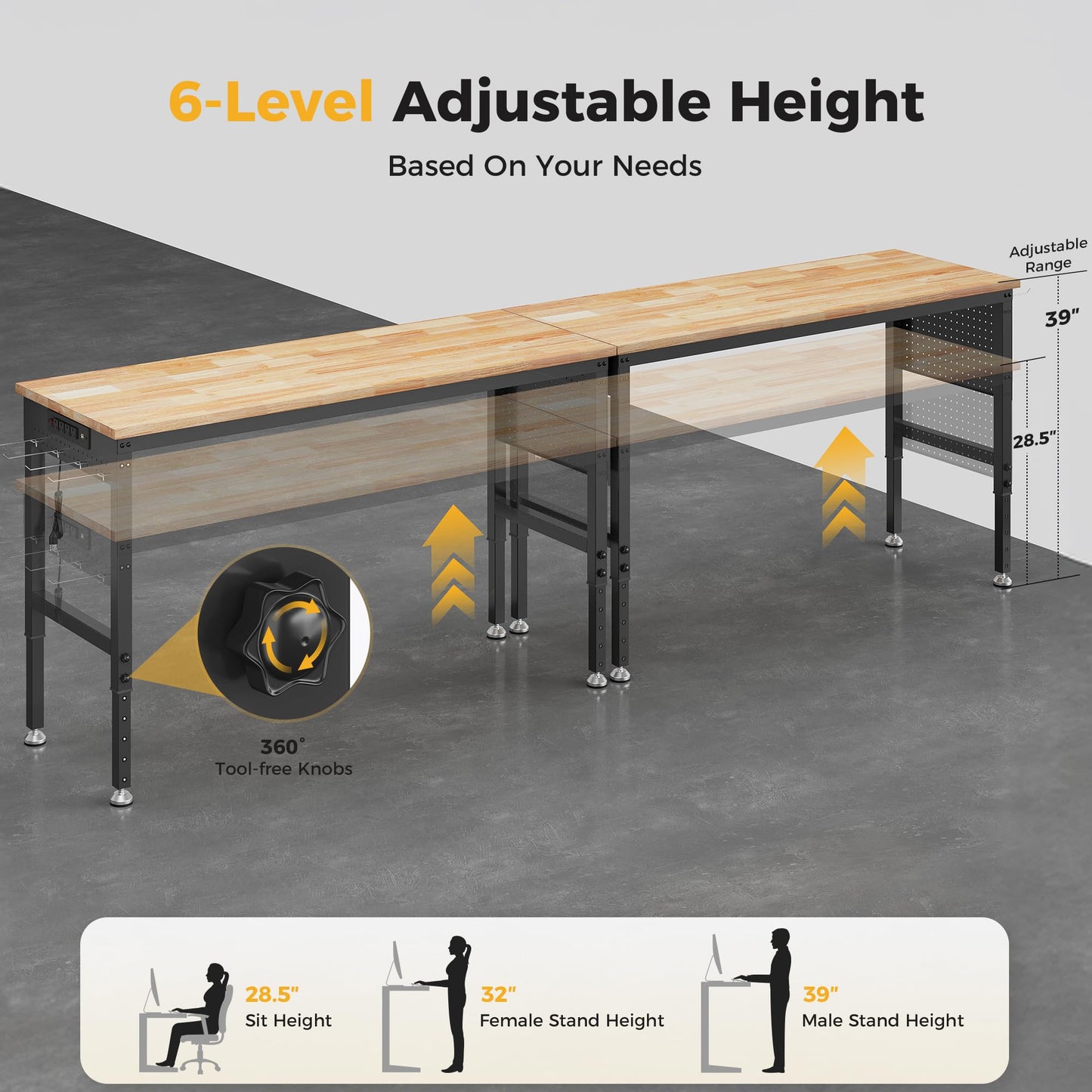 CAMMOO 120" Adjustable Heavy Duty Workbench, 2000 LBS Load Capacity Rubber Wood Work Table with Pegboard, Power Outlets, Work Bench for Garage, Workshop, Office, Home, Commercial, Ships in 2 Boxes