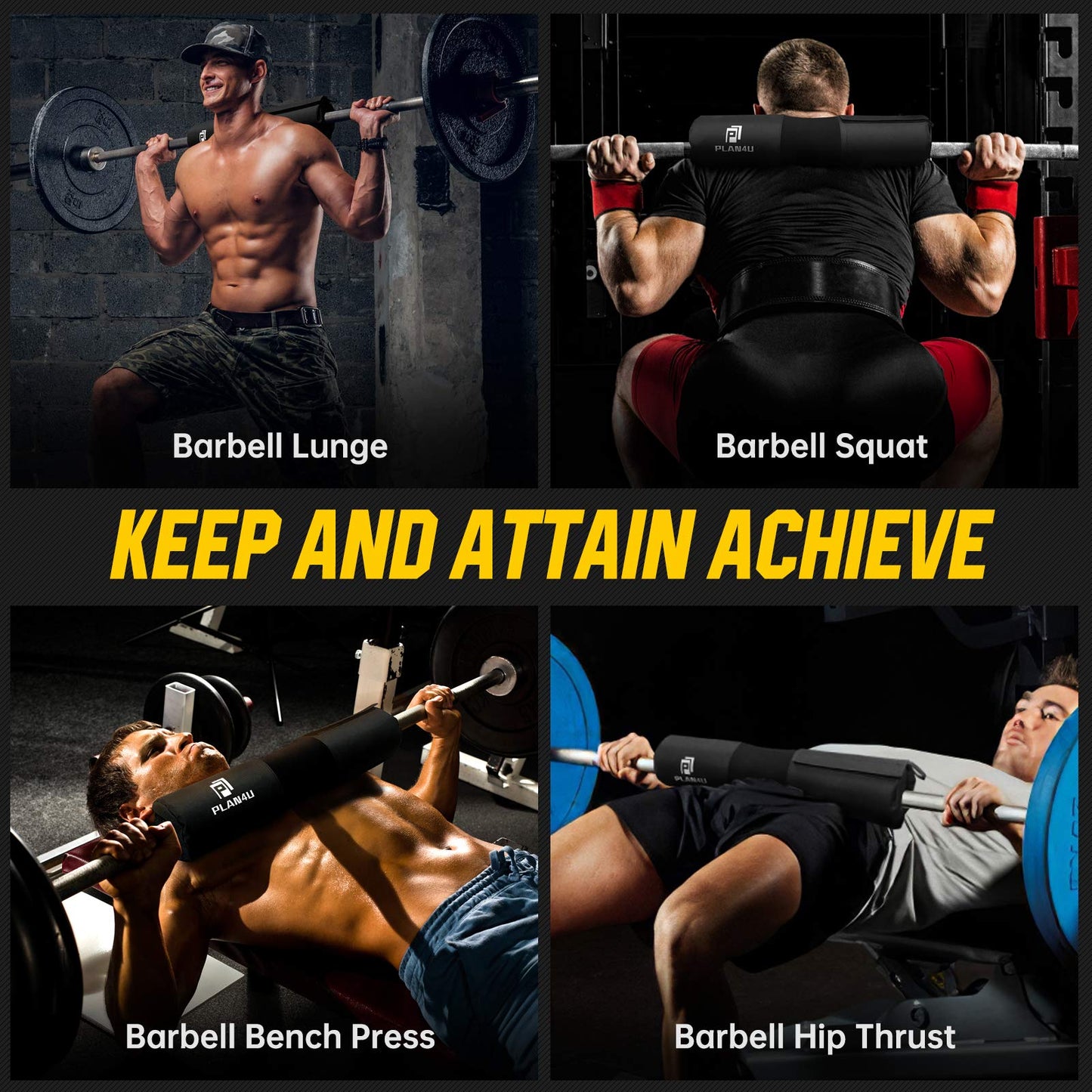 Plan4U Barbell Pad for Men, Squat Pad for Deadlifts/Bench Press, Shoulder/Neck Support, Weight Lifting Bar Cushion Workout Foam Hip Thrusts Foam Sponge Pad, Black