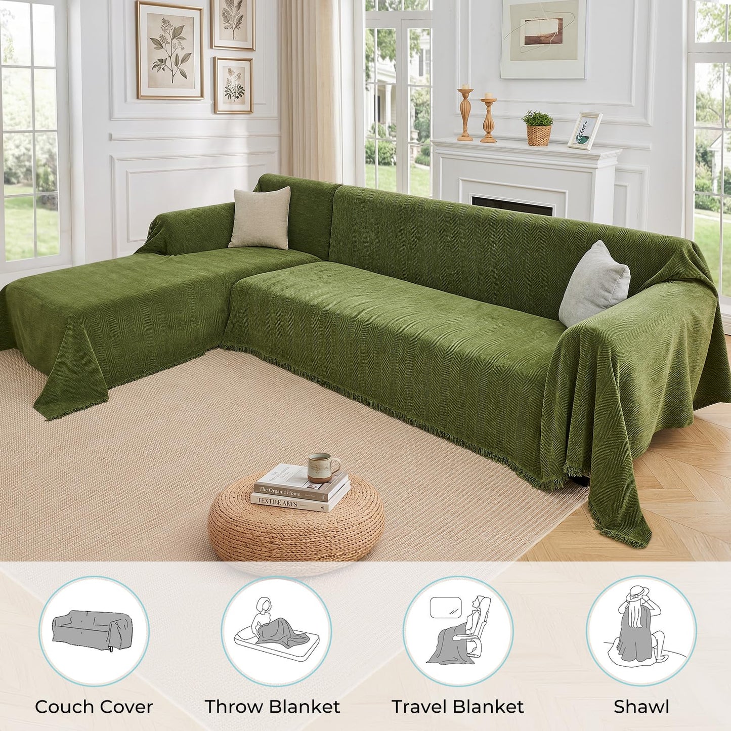 CAPALOCA Sectional Couch Covers 2 Pieces, L Shaped Couch Cover with Herringbone Pattern Chenille Sectional Cover Washable Sofa Slipcovers (X-Large: 71" x 110" + 71" x 118", Green)