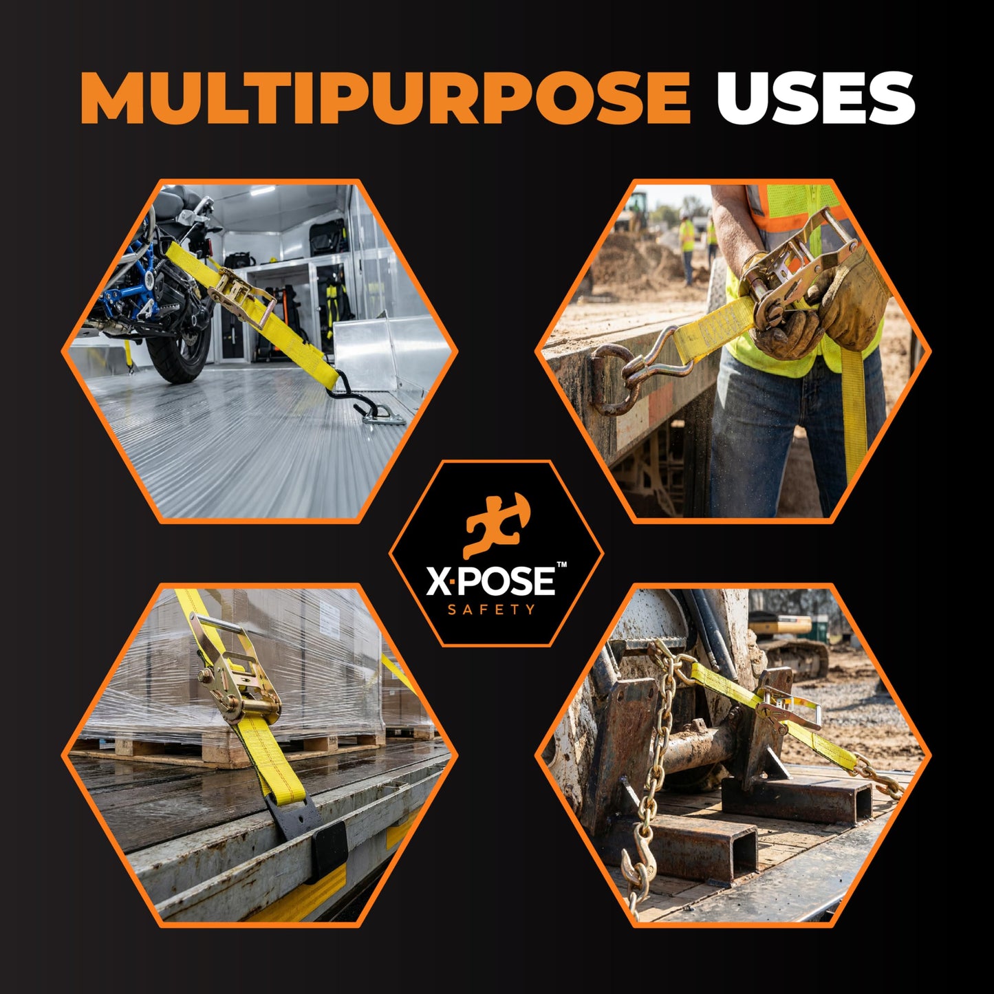 Xpose Safety 10-Pack Retractable Ratchet Straps with Flat Hooks, Heavy Duty 2" x 15', 10,000 lbs Break Strength Tie-Downs for Truck, Trailer, Kayak & Motorcycle