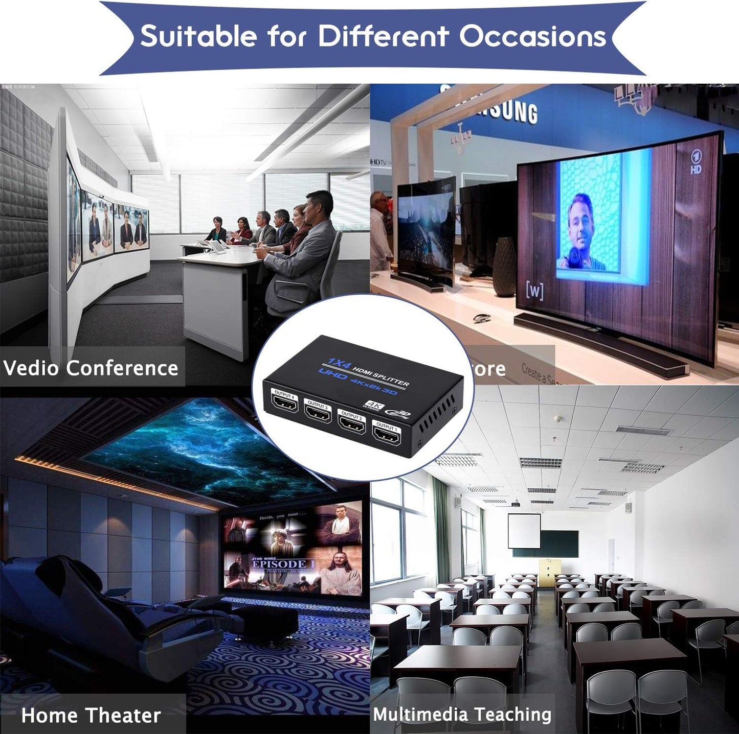 ENBUER 1x4 1 4 3D 4K 2K PS3, HDMI Splitter, in Out HDMI Splitter Audio Video Distributor Box Support & x Compatible