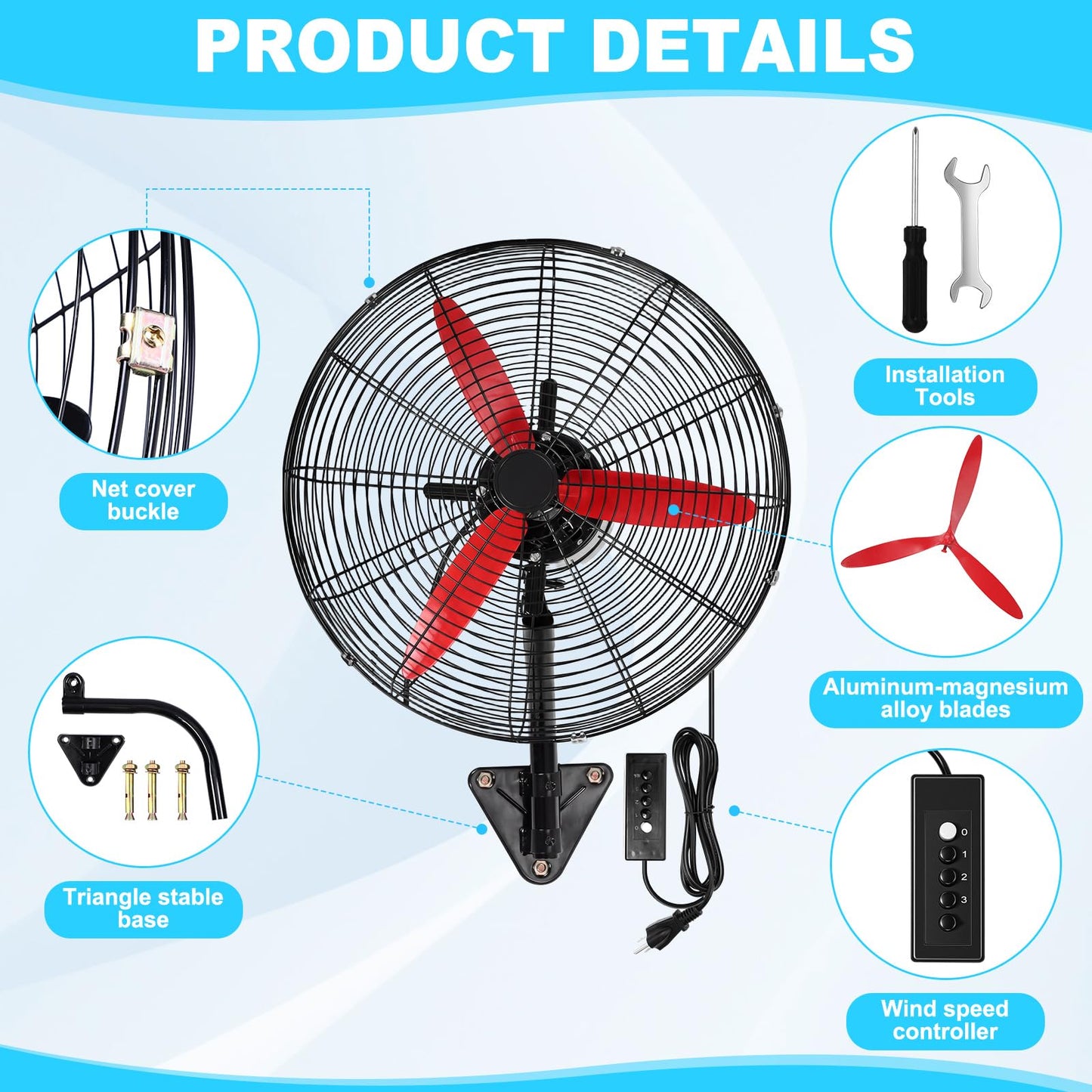Aurelema 2 Set 22 Inch Wall Mount Fan Oscillating Industrial Heavy Duty Metal 3 Speed Red Blade Fan, 7500 CFM, with Powerful Cooling, for Commercial Residential Garage Warehouse Workshops Factory