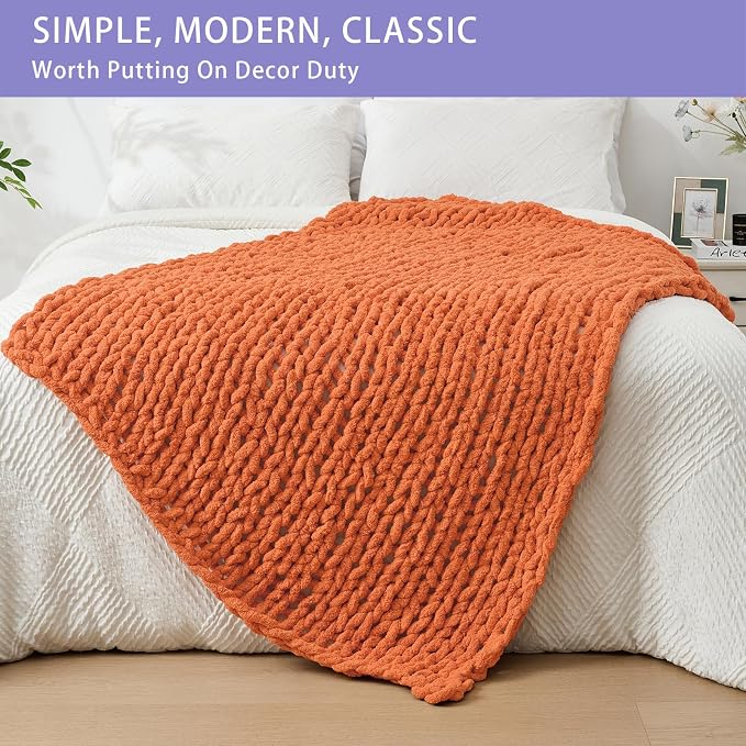 Bigacogo Chunky Knit Throw Blanket for Couch, 40x60 inches, 100% Hand Knitted with Thick Jumbo Chenille Yarn, Cozy Soft Large Rope Knot Cable Crochet Blankets for Sofa Bed Living Room, Terracotta