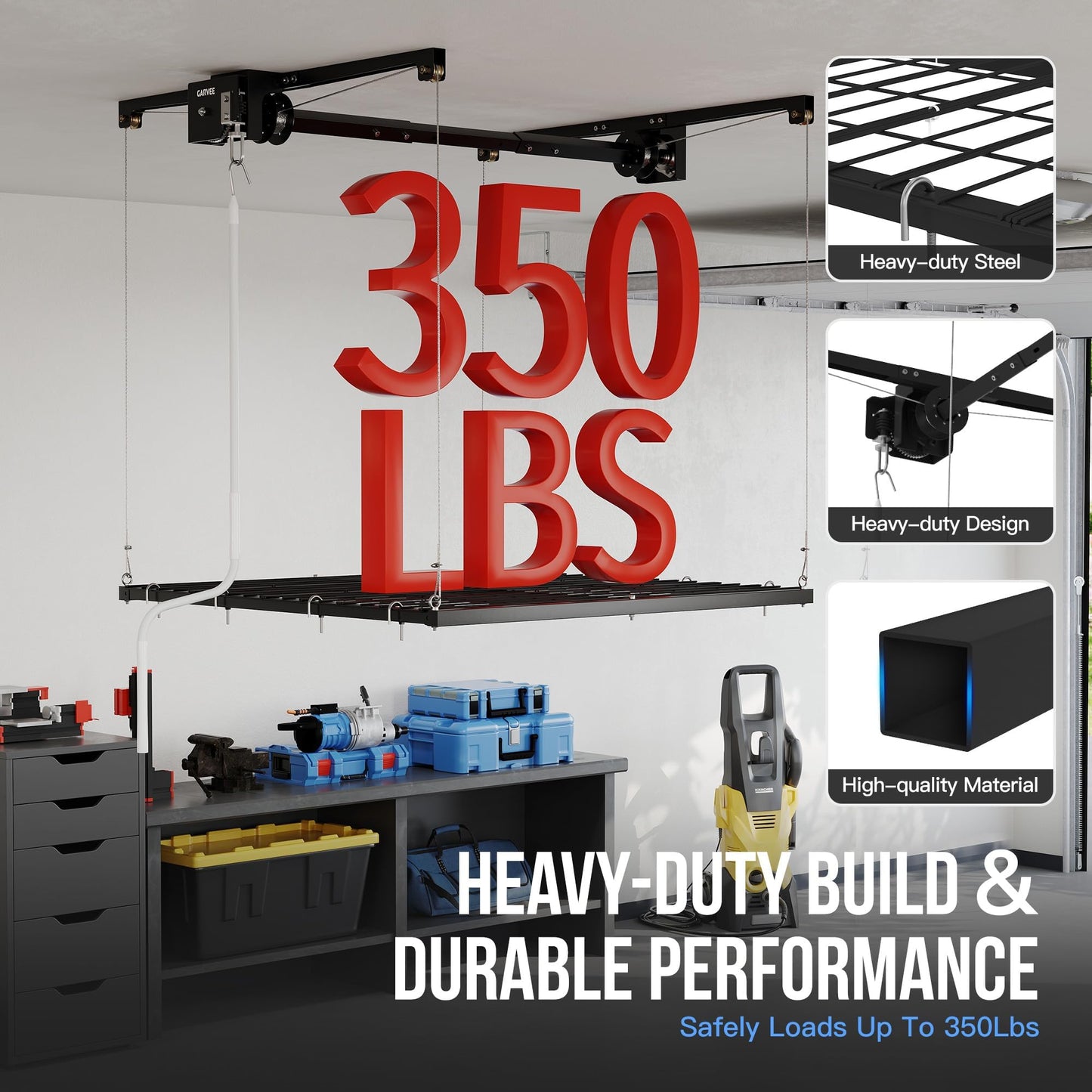 Garvee Overhead Garage Storage Rack Lift, 4x4 ft Ceiling Mounted Storage Racks, 79" Max Adjustable Height, 350lbs Weight Capacity, Heavy-Duty Metal Ceiling Rack for Organization
