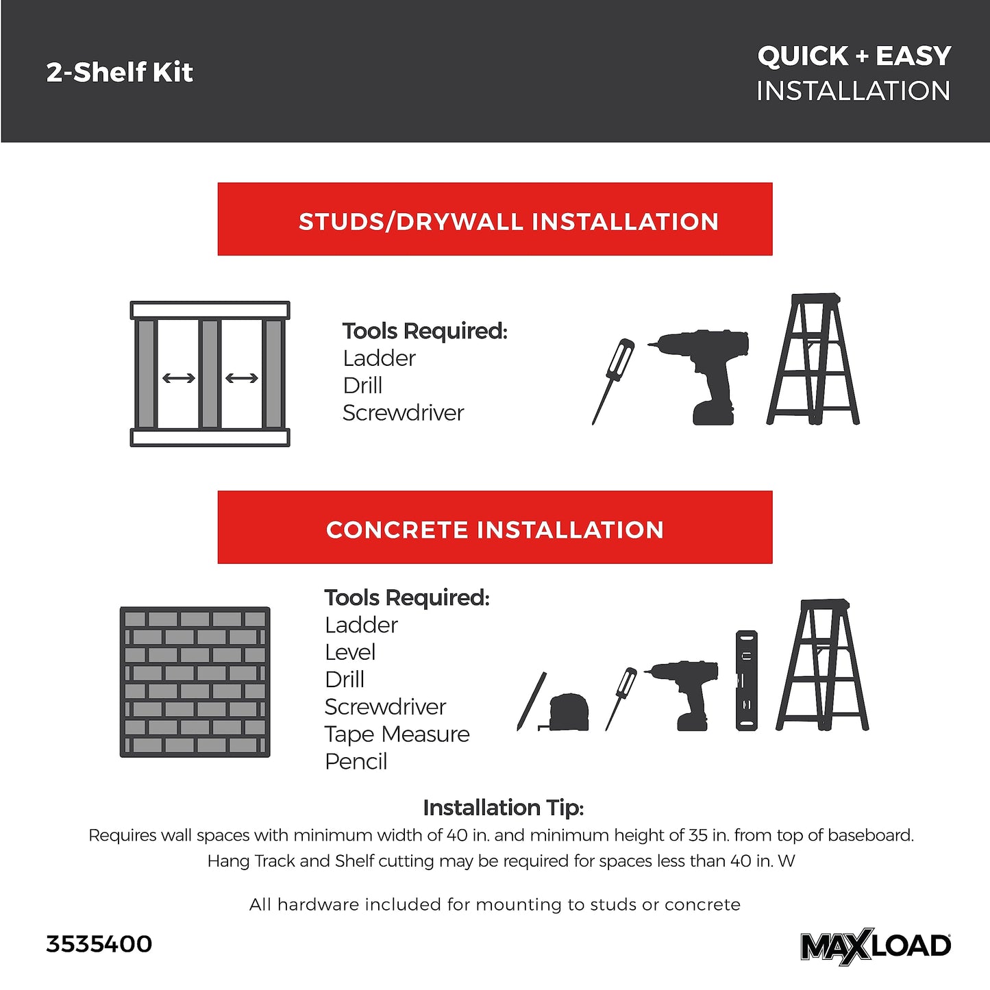 ClosetMaid Heavy Duty Wall Shelf Kit for Garage, 2 Shelves, Adjustable ShelfTrack Wire Shelving, Black Finish
