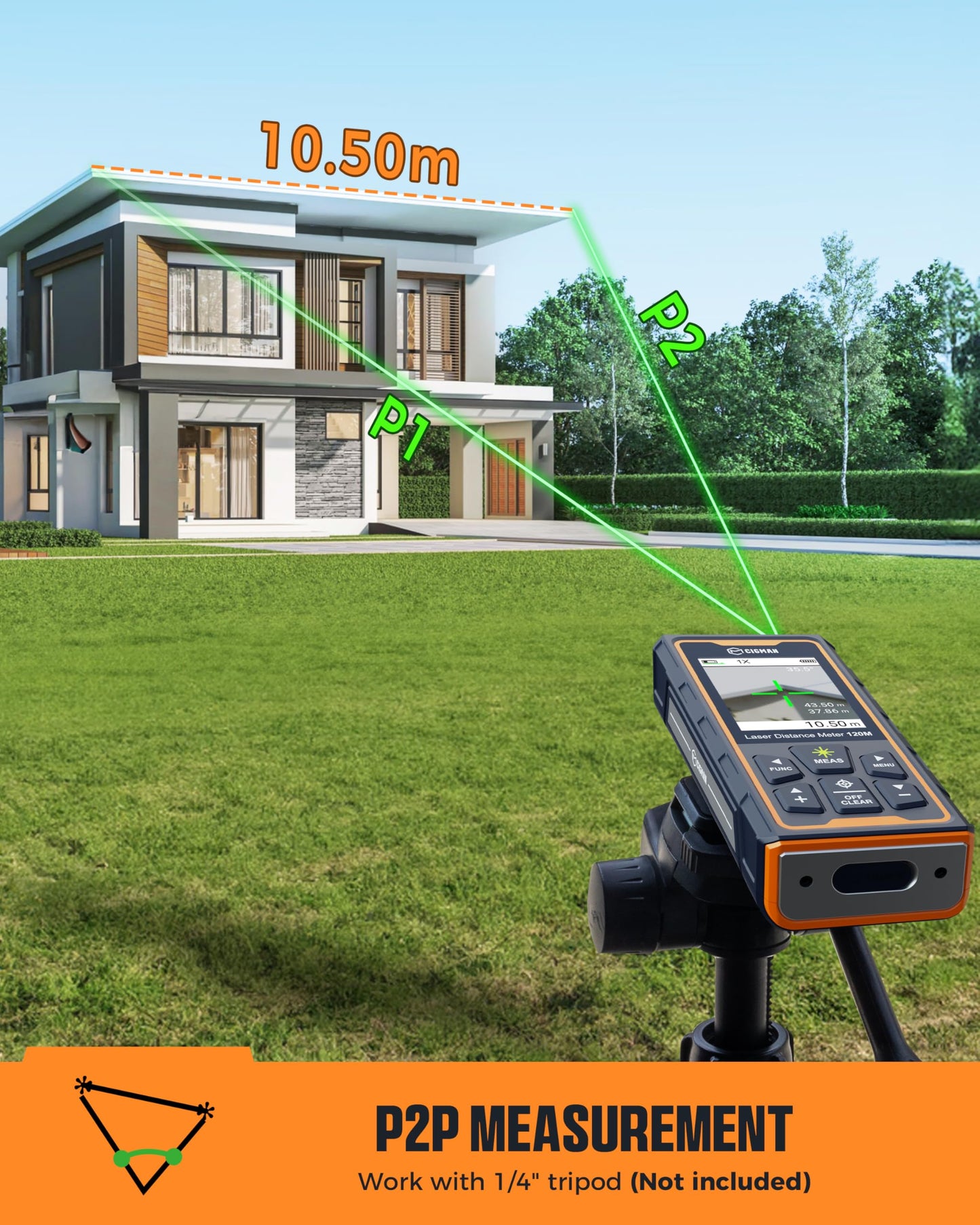 Laser Measuring Tool, CIGMAN 393ft Green-Beam Laser Measure, Outdoor Laser Measurement Tool with 4X Camera, P2P Technology, IP68, Rechargeable Laser Distance Meter, Length, Area, Volume, Angle Sensor