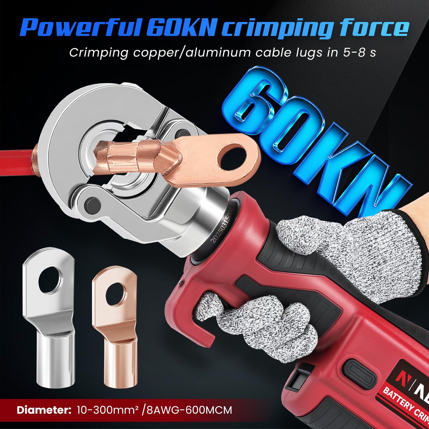 NEWTRY N300 Electric Hydraulic Cable Lug Crimping Machine 6 ton Rechargeable Cordless Terminal Cable Pliers 350° Rotatable 10-300mm² /8AWG-600MCM 12 Dies 2PCS 5000mAH