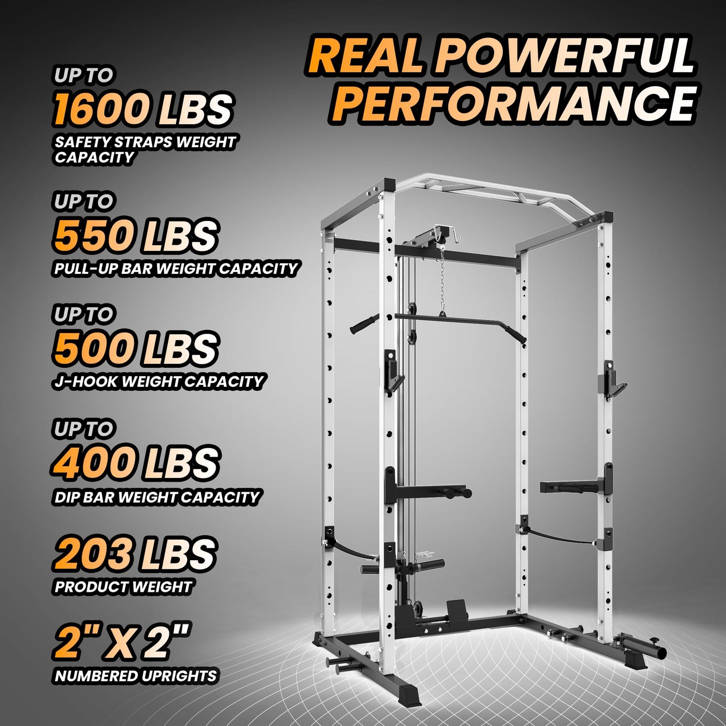 Power Cage with LAT Pulldown Machine - Squat Rack for Home Gym, Multi-Functional Weight Cage with Cable Pulley System, Dip Bars & Landmine Attachment