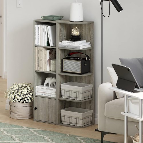 Furinno Pasir 4-Tier Corner Bookcase - Stylish French Oak Design for Space-Saving Storage