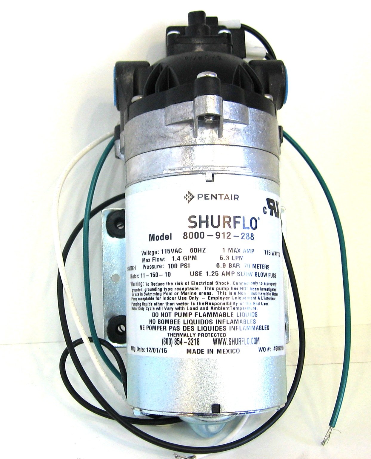 PENTAIR SHURFLO 8000-912-288 Automatic Demand Industrial Diaphragm Pump For Spraying and Fluid Transfer, 1.4GPM, 100PSI, Self-Priming, Can Run Dry, Built-In Check Valve, Chemically Resistant Materials