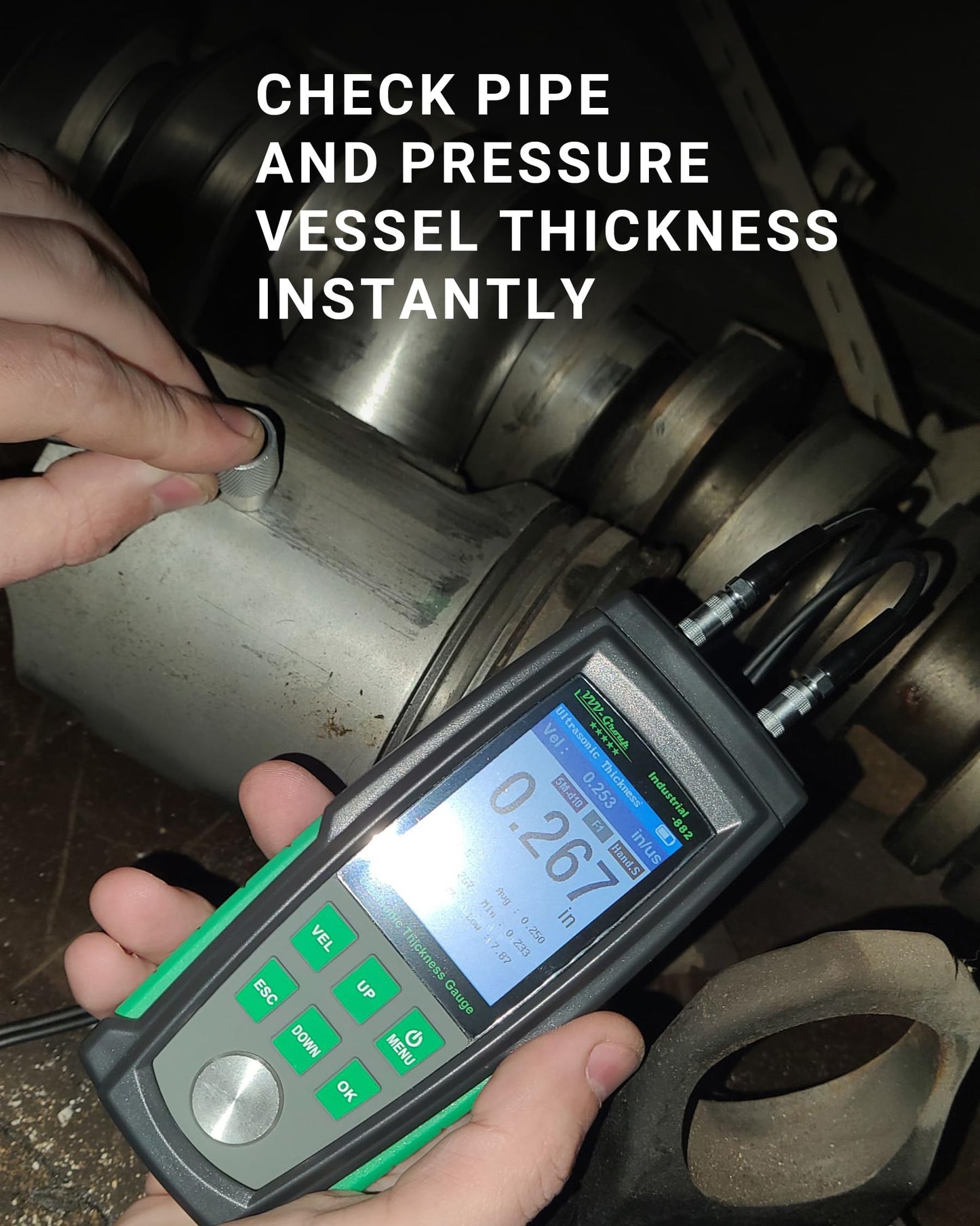 Ultrasonic Thickness Gauge Industrial-882 – Metal Thickness Tester for Steel, Pipes and Industrial Materials, 0.039–8.858 in (1–225 mm) Range, Color LCD, Auto Calibration, Handheld Thickness Tester