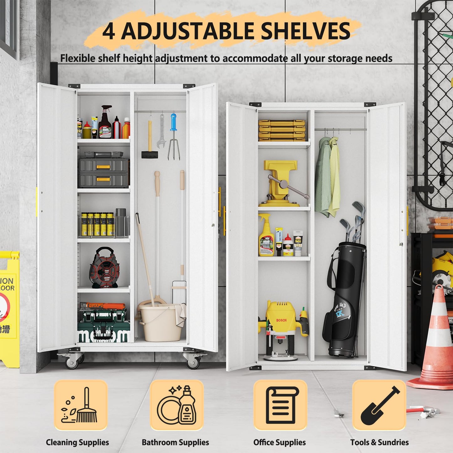 pozdeg Broom Closet Garage Storage Cabinet with Wheels, 71" Metal Cleaning Cabinets with Hooks and Hanging Rods, Tall Freestanding Lockable Tool Utility Cabinet for Home, Office (White)