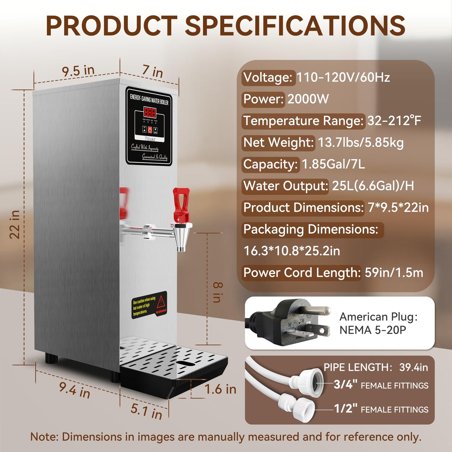 Vtsmax 2000W Commercial Hot Water Dispenser Countertop, 25L(6.6Gal) /H Energy-Saving Stainless Steel Water Boiler with 32°F-212°F Temperature Control for Boba Tea Office Restaurant Hotel, Silver