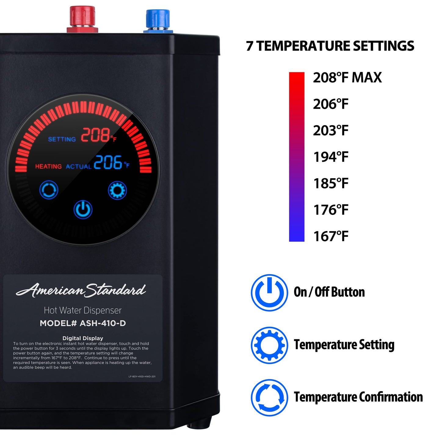 American Standard ASH-410 Digital Hot Water Dispenser, Includes Polished Chrome Dual Handle Faucet 1500 Watts, 110v