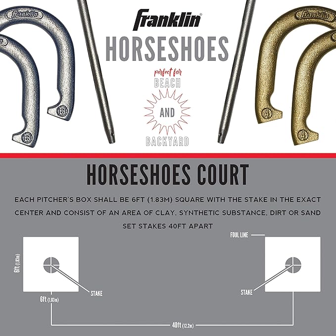 Franklin Sports Horseshoe Set - Cast iron Horseshoes and Steel Stakes - Official Size and Weight - Perfect for Yard and Beach - Recreational
