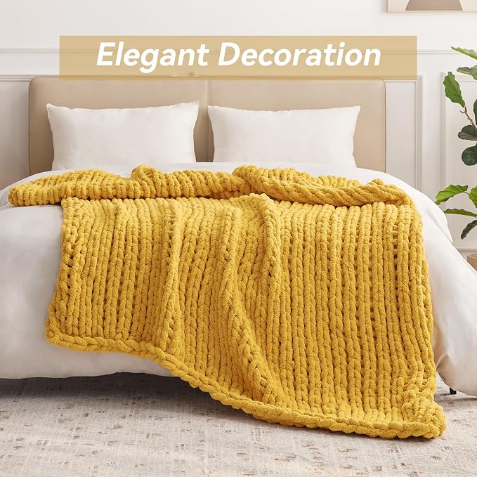 Negwoo Chunky Knit Throw Blanket, 60''*80'' Knitted Throw Chenille Yarn for Bed Couch, Handmade Yellow Crochet Big Thick Blanket, Machine Washable Cute Comfy Blanket for Home Decor
