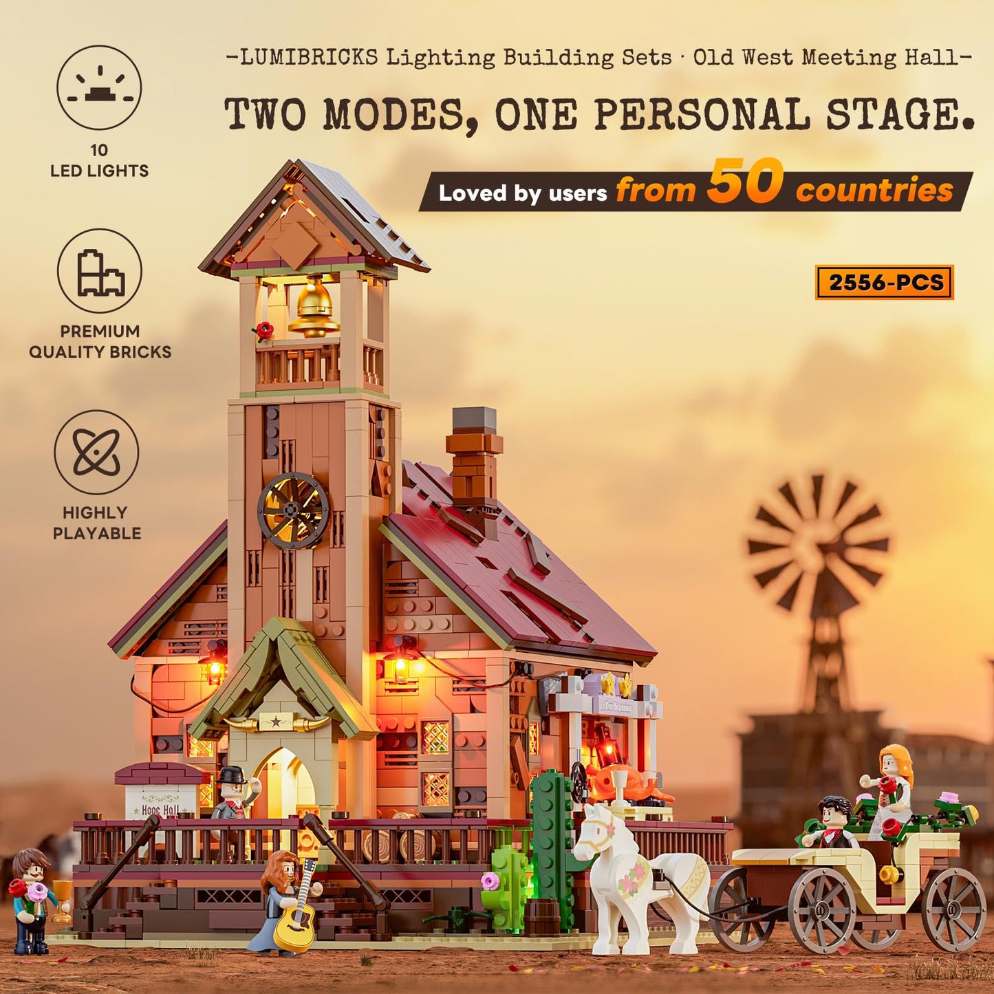 Lumibricks Old West Meeting Hall Lighting Building Bricks Set - 2556 Pcs Western Hope Hall Light Construction Building Model Set for Adults and The Old West Lovers