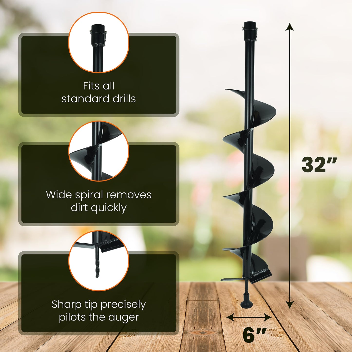 Earth Auger - 6" Wide x 32" Deep - Electric Post Hole Digger - Handles - Hole Digger for Fence Posts