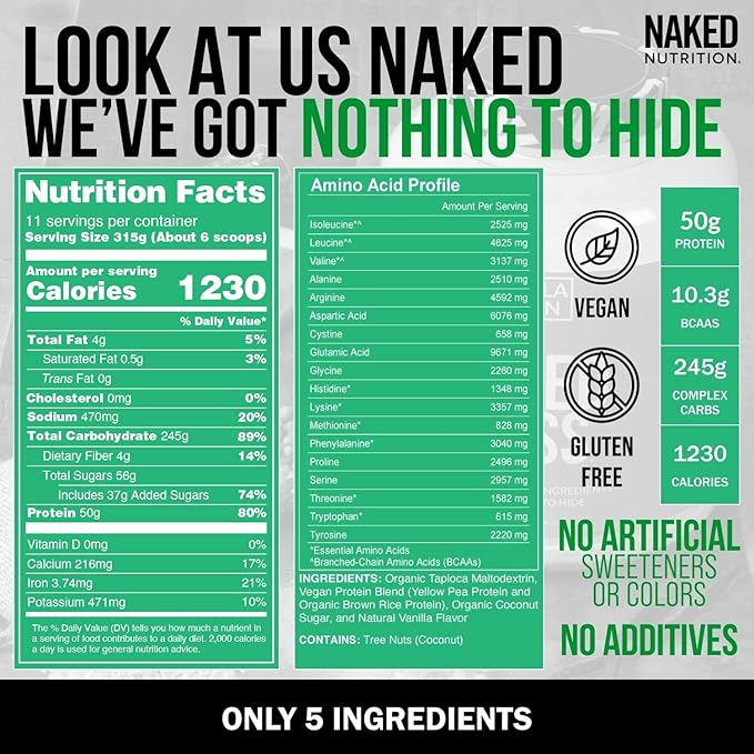 NAKED Vegan Mass - Vanilla Vegan Weight Gainer - 1,230 Calories, Non-GMO, Soy & Gluten Free, No Artificial Ingredients - 8LB Bulk - 11 Servings